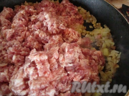 Добавьте к обжаренным луку и чесноку фарш. Посолите и приправьте фарш по Вашему вкусу. Тушите всё на небольшом огне, время от времени помешивая, около 30 минут.
