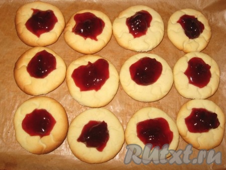 Выпекать песочное печенье&nbsp; в разогретой до 220 градусов духовке 10-12 минут. Готовое печенье переложить на блюдо. В середину каждой печенюшки выложить примерно по 1/3 чайной ложке любого густого джема (у меня - сливовый). Печенье полностью охладить. 