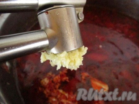 Варим суп ещё около 5 минут. Выключаем огонь. В готовый свекольник выдавливаем через пресс несколько зубчиков чеснока. Даём супу настояться минут 10-15.
