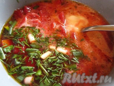 Красивый и ароматный вегетарианский свекольник на овощном бульоне готов. При подаче посыпем свекольник свежей зеленью и добавим немного сметаны.&nbsp;