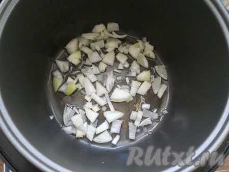В чашу мультиварки влить растительное масло, добавить порезанный репчатый лук.&nbsp;