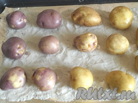 Картофель тщательно помыть  и высушить. На противень высыпать соль и разровнять. Разложить картофель на соли не плотно друг к другу. Духовку разогреть до 200 градусов и запечь картофель около 40 минут. Проверить готовность вилкой или зубочисткой.