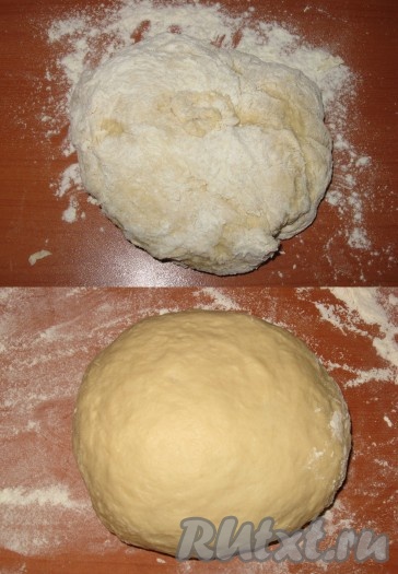 Затем тесто выложить на рабочую поверхность, добавить остатки муки и замесить мягкое, не липнущее к рукам тесто - вымешивать примерно 5 минут.
