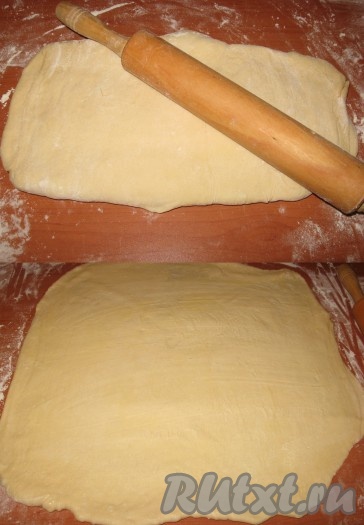 Тесто&nbsp; посыпать мукой и снова раскатать до толщины 1 см, смазать остатками масла
