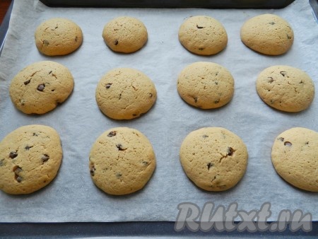 Противень поставить в разогретую до 190 градусов духовку и выпекать печенье с шоколадными каплями в течение 15 минут.