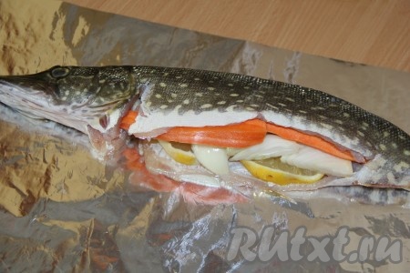 Смыть с рыбы излишки соли (рыба взяла соли ровно столько, сколько надо!). Выложить щуку на фольгу, брюхо рыбы набить овощами (лук и морковь крупно нарезать, лимон нарезать на дольки).&nbsp;
