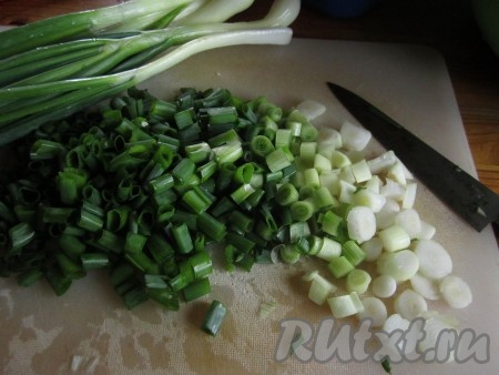 Зелёный лук нарежьте колечками вместе с белой частью.