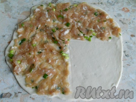 Далее каждый шарик теста раскатать в тонкую лепешку (диаметр - 20-22 см). На нее распределить фарш на 3/4 части.
