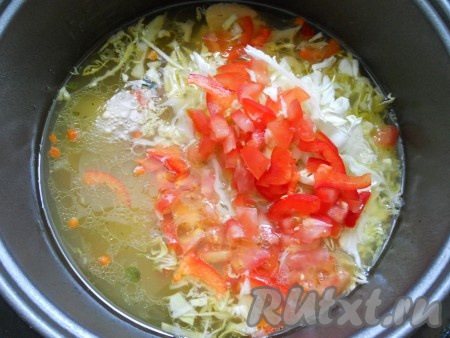 Влить горячую воду, посолить по вкусу, перемешать. Выставить режим мультиварки "Тушение" на 1 час. За 15 минут до окончания готовки добавить в суп нашинкованную свежую капусту, порезанный кубиками помидор и порезанный соломкой сладкий болгарский перец. Щи поперчить, всыпать специи.
