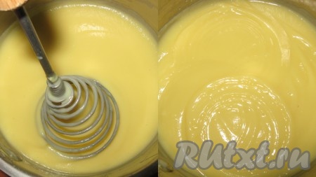 Ковшик с яично-молочной массой поставить на средний огонь и, постоянно взбивая венчиком, довести до загустения (на это потребуется, примерно, 4-6 минут с момента закипания). Взбивать надо постоянно и интенсивно, чтобы не допустить сворачивания яиц. Как только масса загустела, снять с огня и взбивать (можно вручную, можно миксером) ещё минут 5. Масса должна быть блестящей, средней густоты, охладить.