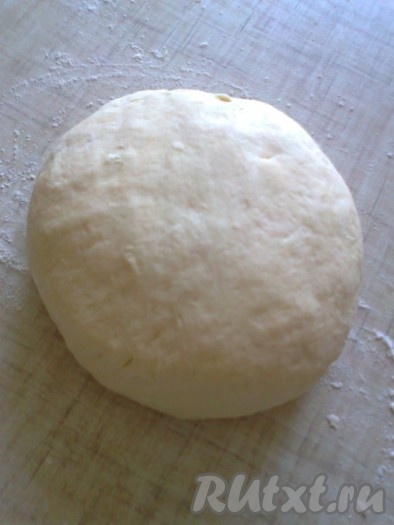 Тесто выкладываем на стол, слегка подпыленный мукой (много муки не надо, тесто не липкое) и формируем шар, больше муки не добавляем.
