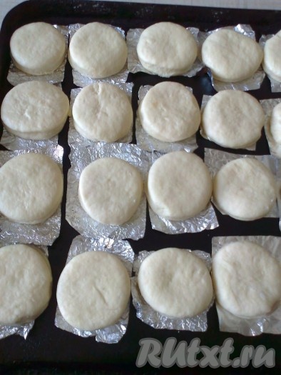 и выкладываем на кусочки фольги или бумаги для выпечки, чтобы потом было удобно брать. Оставляем кружочки подойти на 30 минут, накрыв их полотенцем.
