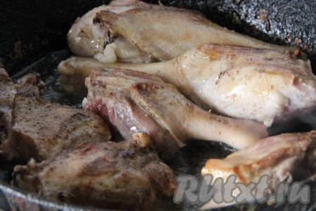 Гуся разобрать по суставам, добавить соль и перец. Обжарить на растительном масле со всех сторон до золотистого цвета.
