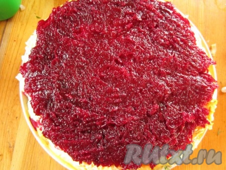 Сверху выкладываем слой тёртой свёклы. Разравниваем и тоже слегка утрамбовываем. Также можно при желании добавить соль и зелень. &nbsp;
