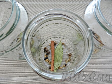 В стерилизованные банки разложить специи в одинаковом количестве.