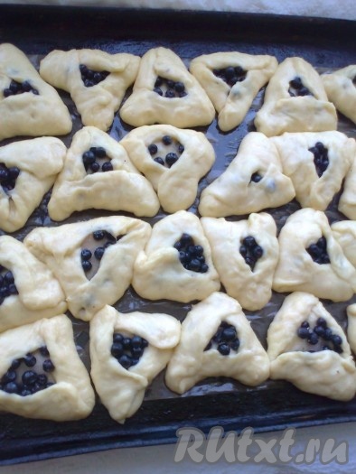 И выкладываем пирожки на противень, смазанный маслом. Можно смазывать взбитым яйцом, а можно не смазывать (тогда горячие пирожки надо смазать маслом). Всего получилось 32 пирожка с черникой. Накрываем пирожки полотенцем и оставляем в теплом месте, чтобы они поднялись, на 20 минут.
