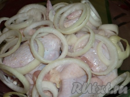 Посолить и поперчить по вкусу. Чеснок и лук очистить, лук порезать кольцами, чеснок пропустить через пресс и добавить к мясу.
