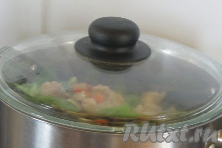 Когда мясо достаточно потушится, добавить баклажаны и перцы к мясу. Посолить блюдо по вкусу. Тушить свинину с баклажанами ещё минут 20-30.