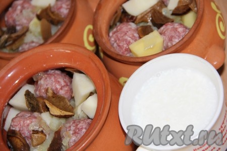 Сметану смешать с водой, полученную массу посолить и равномерно разлить по горшочкам.
