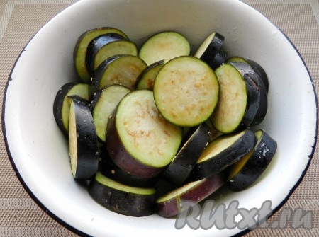 Баклажаны вымыть, нарезать кружочками толщиной не менее 1 сантиметра, сложить в миску и посыпать солью. Оставить на 30 минут. Затем промыть и обсушить.