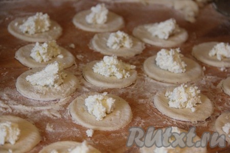 В центр каждого кружка выложить примерно по чайной ложке несладкой творожной начинки.