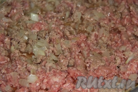 Мелко порезанный лук обжарить на растительном масле до золотистого цвета, затем добавить фарш, посолить и обжарить на среднем огне до готовности.
