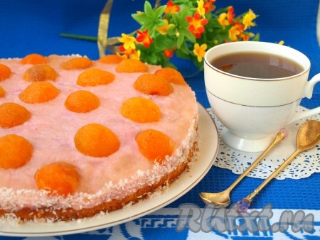 Желе для торта развести согласно инструкции на упаковке. Полить им сначала абрикосы, а затем весь торт. Убрать торт с кремом из пудинга для застывания и пропитки в холодильник на несколько часов. Спустя это время бисквитный торт прорезать ножом по кругу формы и снять кольцо. Бока торта, по желанию, посыпать кокосовой стружкой.