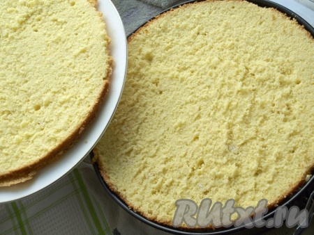 Бисквиту, конечно, лучше давать сутки для созревания, а потом только продолжать с ним работать. Я просто дождалась полного остывания бисквита. Разрезать бисквит на 2 коржа.