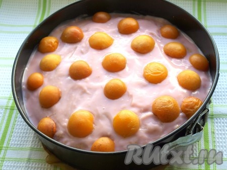 Накрыть вторым бисквитом, сверху равномерно распределить оставшийся пудинг. Поверх него разложить абрикосы срезом вниз.