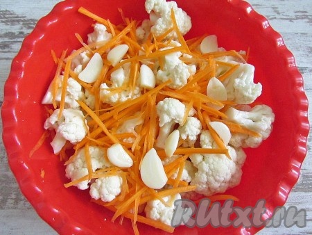 Соедините капусту, морковь и дольки чеснока. Добавьте специи.