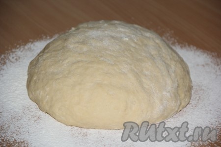 Рабочую поверхность присыпать мукой, выложить тесто и хорошо его вымесить, добавляя по необходимости муку. Тесто должно получиться мягким, эластичным, но не сильно забитым мукой. Прикрыть тесто полотенцем и оставить на 1-2 часа, тесто должно подняться вдвое.
