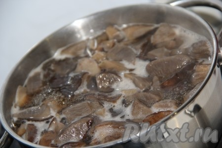 Грибы почистить, нарезать и отварить в подсоленной воде примерно 15 минут. Затем откинуть на дуршлаг.
