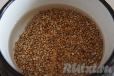 Гречку, если нужно, перебрать, затем выложить в сито и тщательно промыть водой. В кастрюле вскипятить 400 миллилитров воды, выложить подготовленную гречку, подсолить и варить с момента закипания на небольшом огне минут 20-25 (до готовности гречки), затем гречневую кашу откинуть на дуршлаг, оставить остывать.
