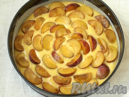 Смазать сливочным маслом разъёмную форму и хорошо обсыпать манной крупой. Вылить тесто. Тесто получится густое. Разровнять тесто в форме и выложить нарезанные на 4-6 частей сливы.