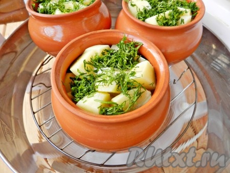 Отключить аэрогриль, мясо в горшочках перемешать. Добавить картофель и свежую зелень. Сметану развести примерно 100 мл воды или бульона и влить поровну в каждый горшочек. Накрыть крышками. Включить аэрогриль снова на 200 градусов и 30 минут. Через 30 минут проверить готовность картофеля и мяса, если они не готовы - добавить еще время. При приготовлении жаркого в духовке, горшочки нужно поставить в холодную духовку и разогреть ее до 200 градусов. Готовить жаркое 1-1,5 часа.
