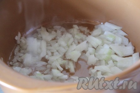 Лук и морковь очищаем. Отдельно в кастрюле с толстым дном (или в сковороде) хорошо прогреваем растительное масло, выкладываем мелко нарезанный лук и обжариваем его до прозрачности (минуты 3) на среднем огне, иногда помешивая.