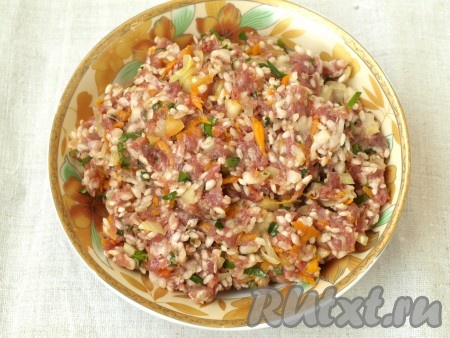 Для фарша взять одну луковицу и одну морковь. Лук нарезать, морковь натереть на тёрке. Обжарить лук с морковью на подсолнечном масле до золотистого цвета. Добавить их к мясу. Добавить к фаршу промытый сырой рис. Затем добавить мелконарезанную петрушку. Фарш посолить и поперчить, хорошо вымесить. Я добавила в фарш ещё обрезки болгарского перца, нарезав их кубиками. Также можно добавить 2 зубчика чеснока.
