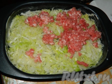 В форму для выпечки, смазанную маслом, выложить половину капусты, сверху равномерно разложить фарш, посолить, поперчить.