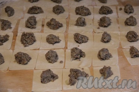 Тесто раскатать в пласт и нарезать квадратиками. На серединку теста выложить нашу начинку.
