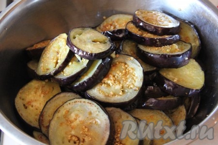 Баклажаны нарезать кружочками, посолить и обжарить на растительном масле с двух сторон.