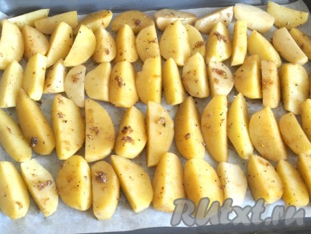 Противень застелить пергаментом, выложить картофель плотно друг к дружке. Разогреть духовку до 200 градусов и запекать картошку 15-20 минут.