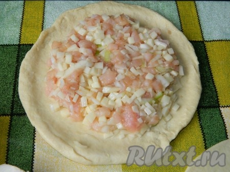 Добавить в начинку сливки, тщательно перемешать и выложить на тесто, оставляя по бокам немного места.
