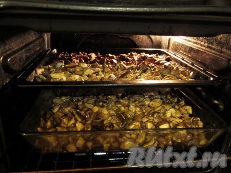 Переложим нарезанные грибы в чистые противни или лотки для запекания и поставим в разогретую до 160 градусов духовку.&nbsp;