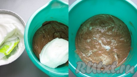 Белки отдельно взбить миксером до устойчивых пиков и частями добавить в тесто, аккуратно перемешивая силиконовой лопаткой (или ложкой). Шоколадное тесто должно получиться воздушным, однородным, не очень густым.