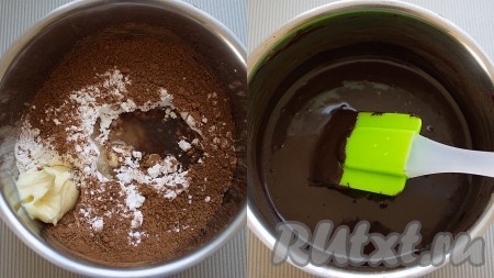 Для приготовления заливки в небольшом сотейнике соединить какао-порошок, сахарную пудру, сливочное масло и горячую воду, поставить на небольшой огонь (или на водяную баню) и, помешивая, довести до однородной, блестящей, полугустой массы.&nbsp;