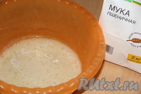  В глубокую миску влить 200 миллилитров тёплой воды, 50 миллилитров оливкового масла и запенившуюся опару, перемешать.