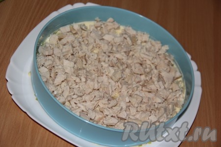 Следующим слоем выкладываем мелко нарезанную куриную грудку, смазываем майонезом.&nbsp;

