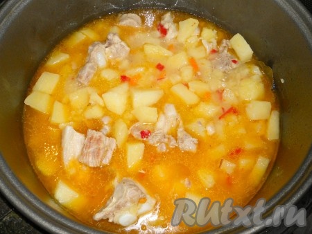 Влить ещё 0,5 литра горячей воды. Досолить по вкусу, закрыть крышку мультиварки. Выставить режим "Тушение" на 45 минут.&nbsp;