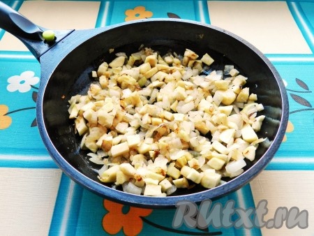 В сковороде разогреть немного растительного масла, выложить лук и пастернак, обжарить их, помешивая, на среднем огне до золотистого цвета, приправить солью и специями (я добавила чёрный молотый перец и итальянские травы).