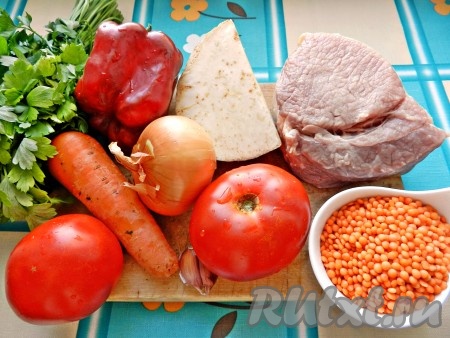 Ингредиенты для приготовления супа из чечевицы с мясом